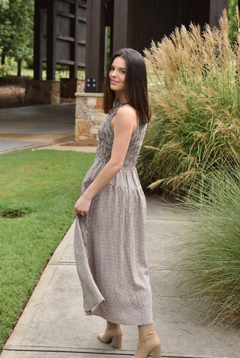 chocolate brown gingham dress The Bentley Midi Rihoas