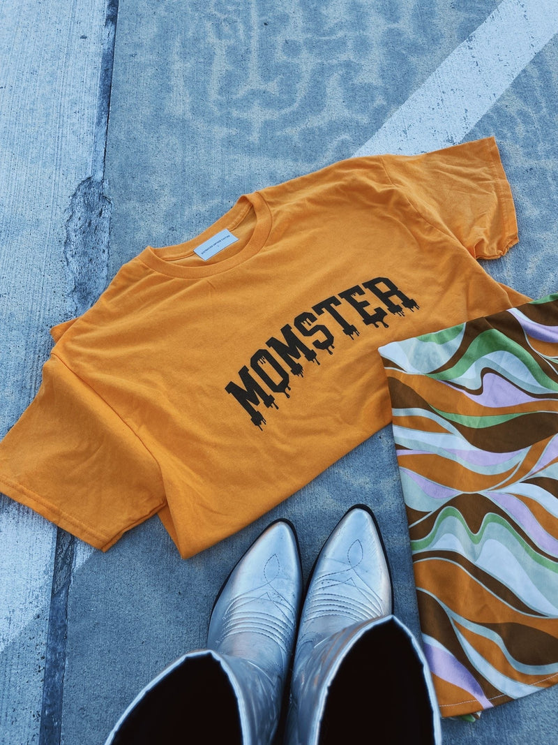 Momster Graphic Halloween T-Shirt | Funny Spooky Season Tee for Moms| Bright Orange Oversized Fall Shirt | Cute & Comfortable Halloween Mom Life Top