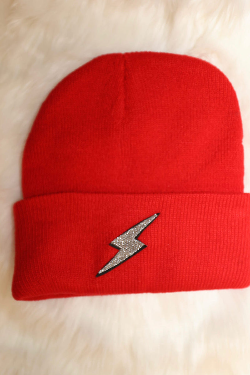 Red Lightning Bolt Patch Beanie