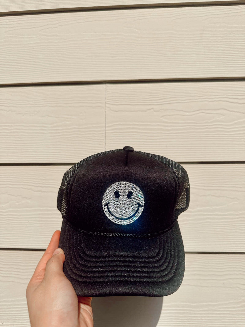 black happy trucker hat