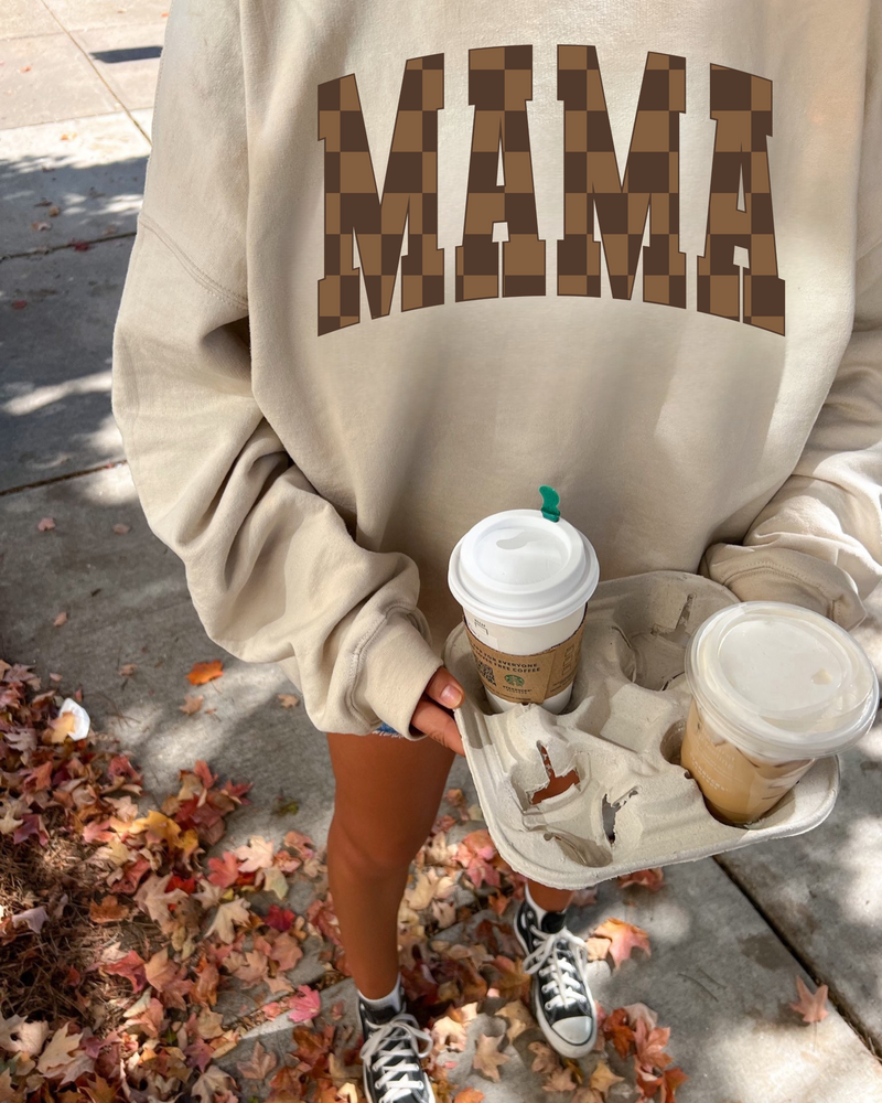 Brown Checkered MAMA Graphic Print Sweatshirt | Neutral Beige